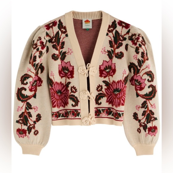 NWT Farm Rio Ravenala Floral-intarsia Knitted Cardigan Cream, Size L - Picture 5 of 15